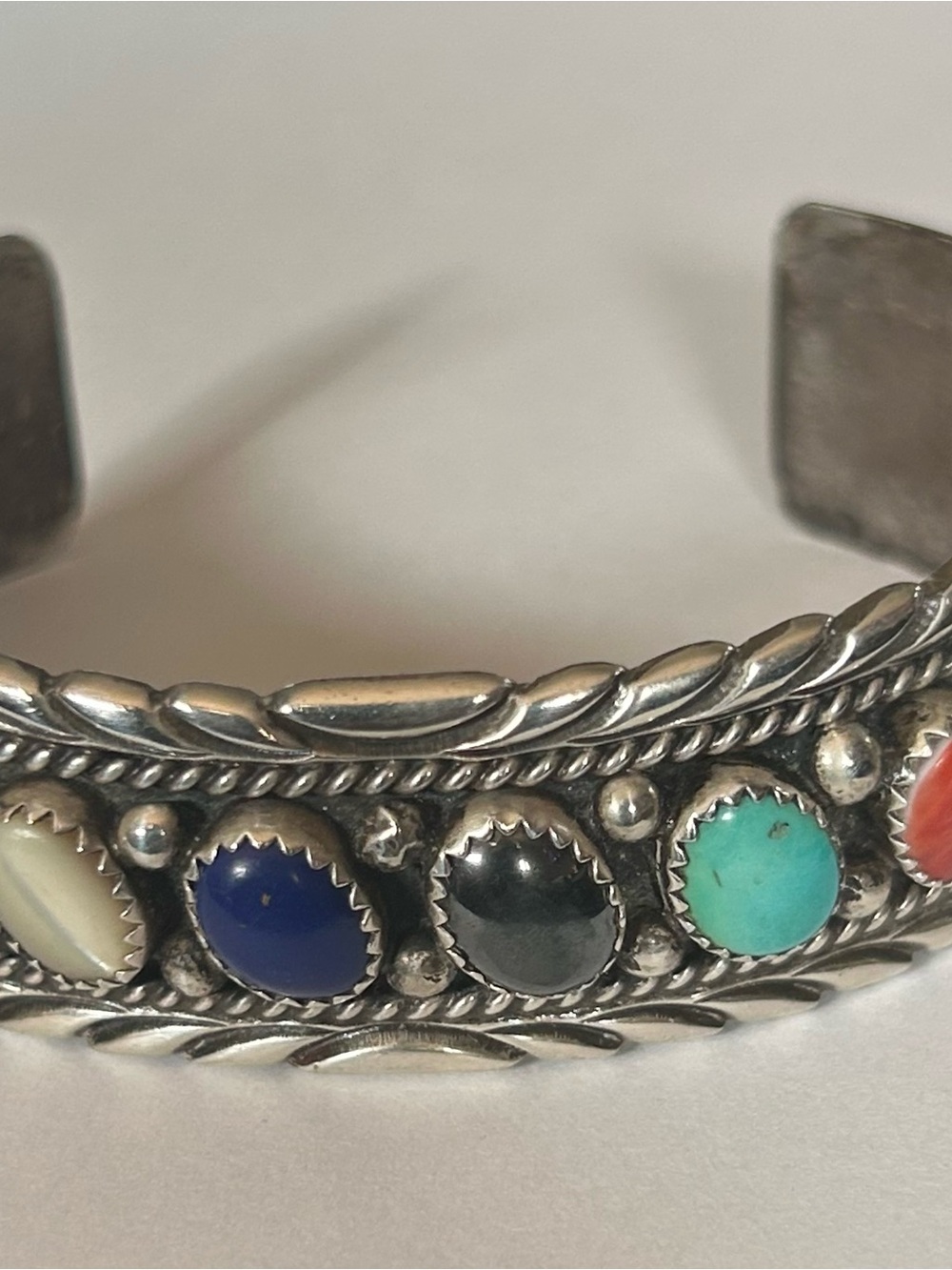 Sterling Silver Multi-Stone Cuff Bracelet - Turquoise, Lapis, Onyx, Coral,Signed